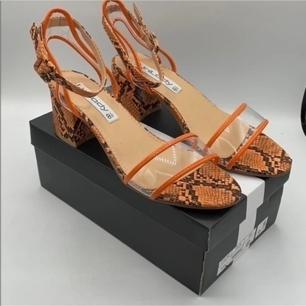UNILADY Neon Orange Snake Ada block heel sandals